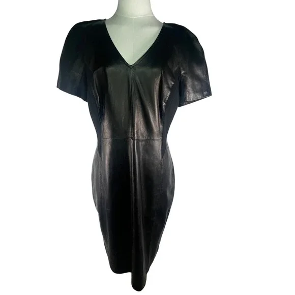 Antonio Melani leather v-neck stretchy black dress, sz 12 sleek, nylon sides - Picture 1 of 11